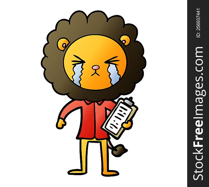 cartoon crying lion with clipboard. cartoon crying lion with clipboard