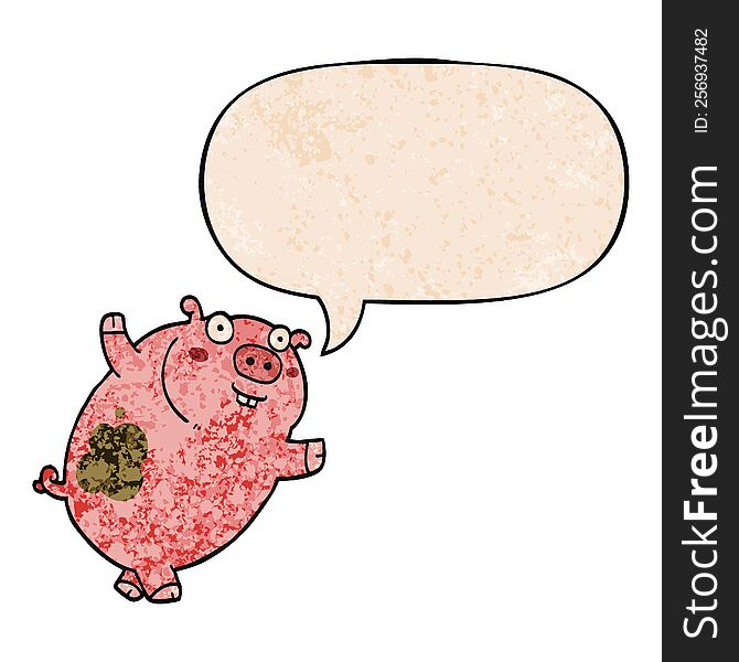Funny Cartoon Pig And Speech Bubble In Retro Texture Style