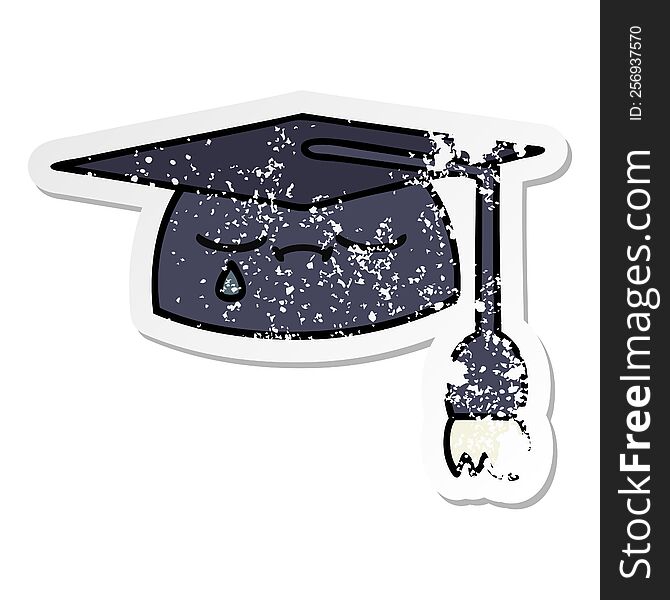 distressed sticker of a cute cartoon graduation hat