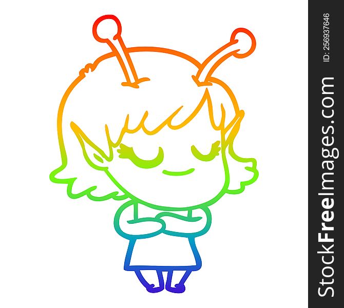 Rainbow Gradient Line Drawing Smiling Alien Girl Cartoon