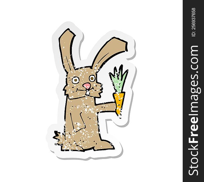 Retro Distressed Sticker Of A Cartoon Rabbit With Carrot