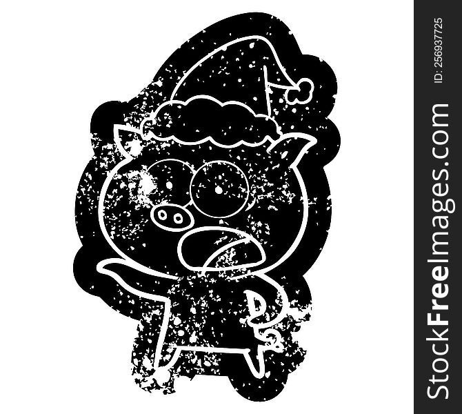 Cartoon Distressed Icon Of A Pig Shouting Wearing Santa Hat