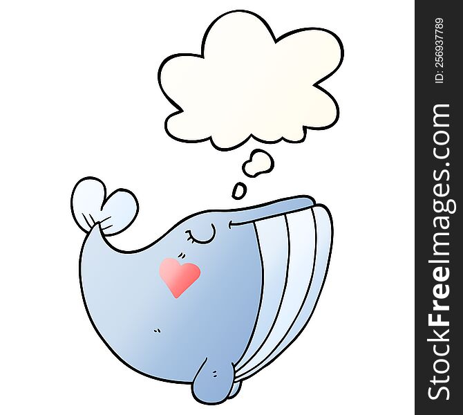 cartoon whale with love heart with thought bubble in smooth gradient style