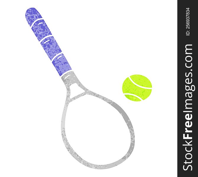 Retro Cartoon Doodle Tennis Racket And Ball