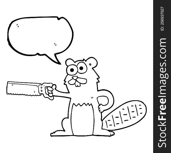freehand drawn speech bubble cartoon beaver with saw