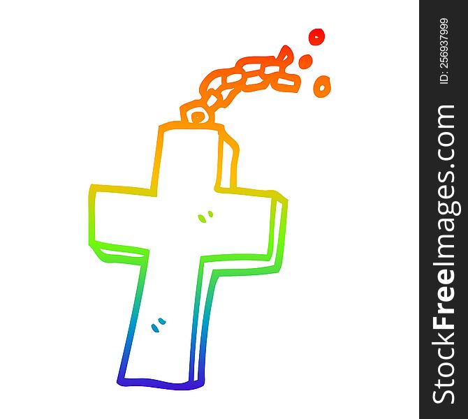 rainbow gradient line drawing of a cartoon crucifix on chain