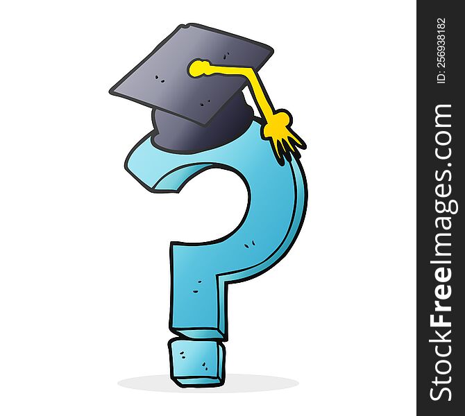 freehand drawn cartoon graduation cap on question mark