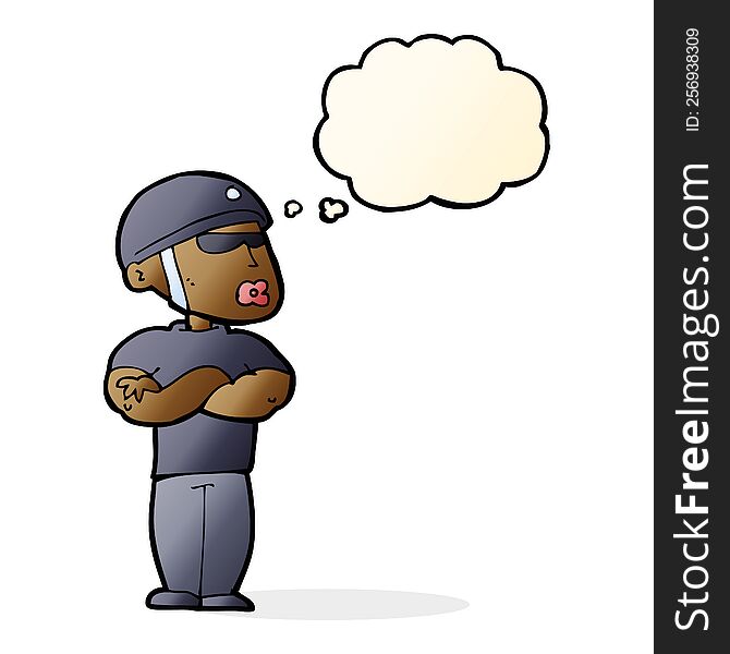 cartoon security guard with thought bubble