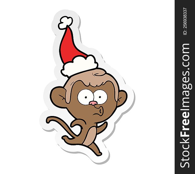 Sticker Cartoon Of A Surprised Monkey Wearing Santa Hat