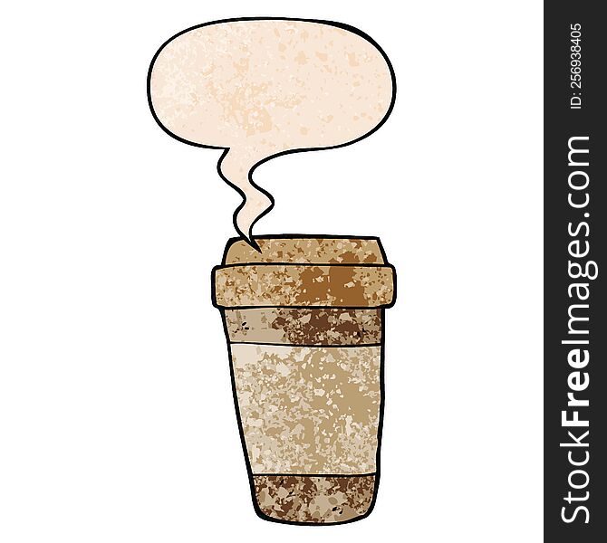 cartoon coffee cup and speech bubble in retro texture style