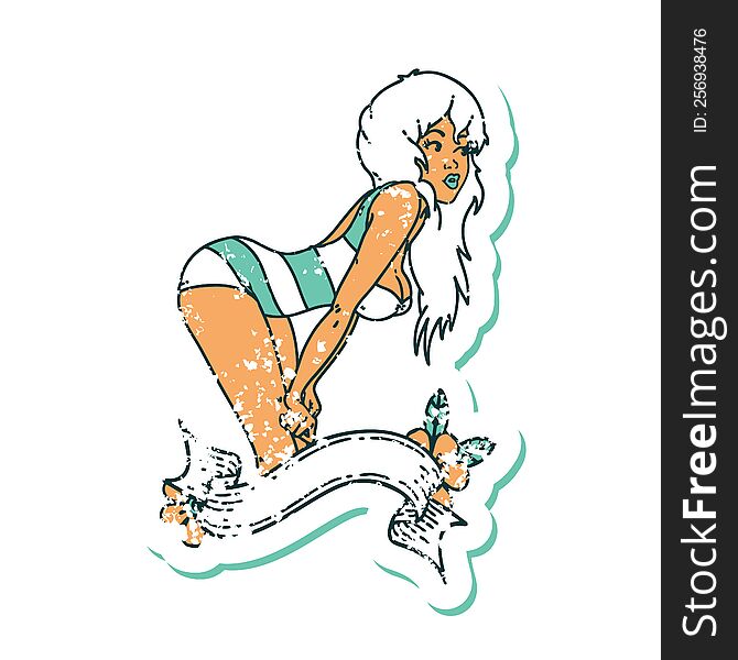 iconic distressed sticker tattoo style image of a pinup girl in swimming costume with banner. iconic distressed sticker tattoo style image of a pinup girl in swimming costume with banner