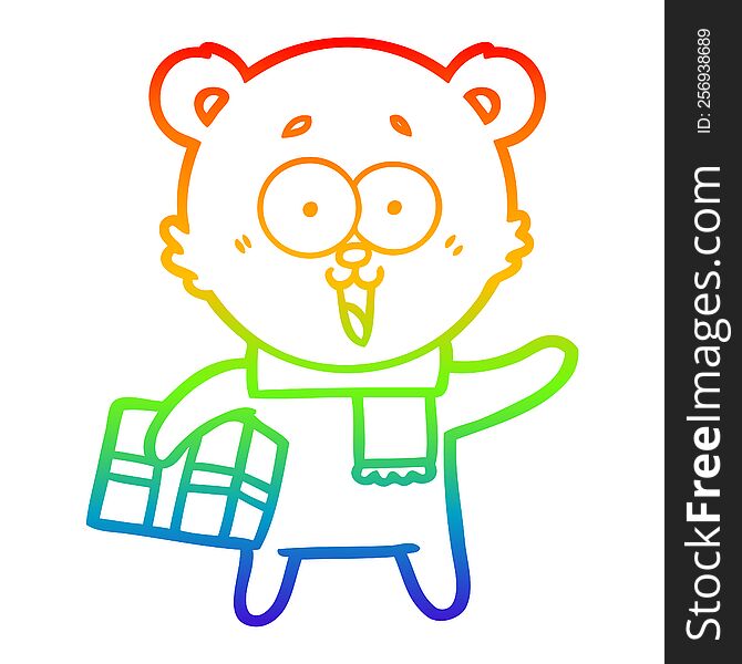 rainbow gradient line drawing laughing teddy  bear with christmas present