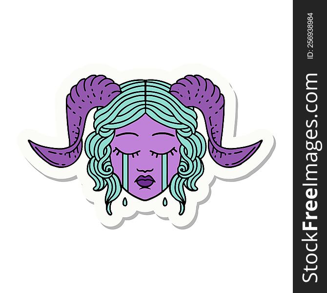 sticker of a crying tiefling character face. sticker of a crying tiefling character face