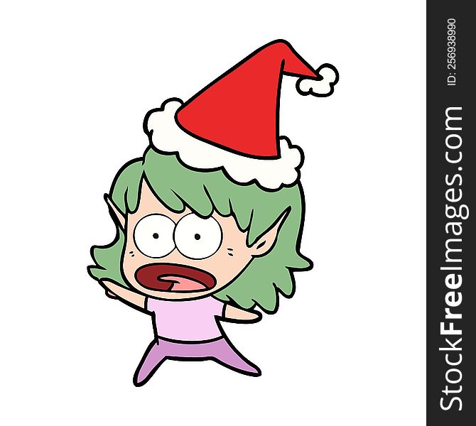 hand drawn line drawing of a shocked elf girl wearing santa hat