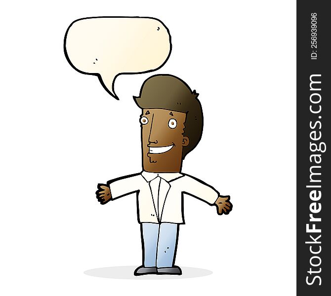 Cartoon Grining Man With Open Arms With Speech Bubble