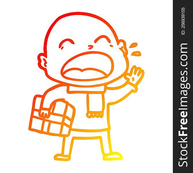 Warm Gradient Line Drawing Cartoon Shouting Bald Man With Present