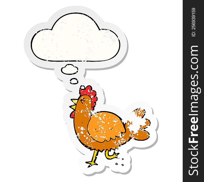 cartoon rooster with thought bubble as a distressed worn sticker