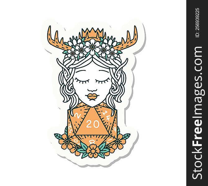 Elf Druid Character With Nautral Twenty Dice Roll Sticker