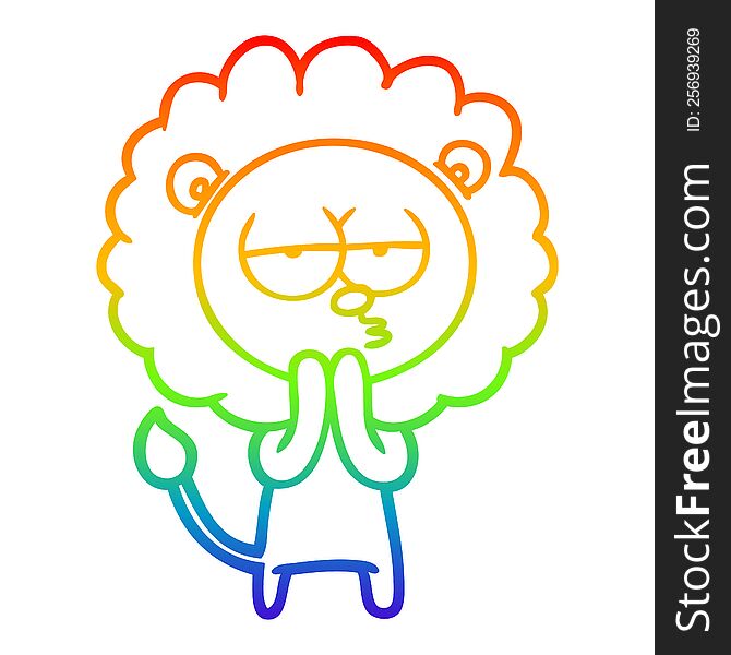 rainbow gradient line drawing of a cartoon lion considering
