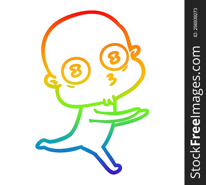 Rainbow Gradient Line Drawing Cartoon Weird Bald Spaceman Running