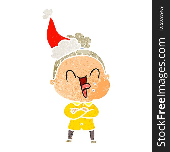 hand drawn retro cartoon of a happy old woman wearing santa hat