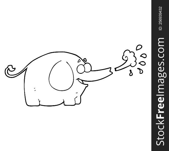 freehand drawn black and white cartoon elephant squirting water