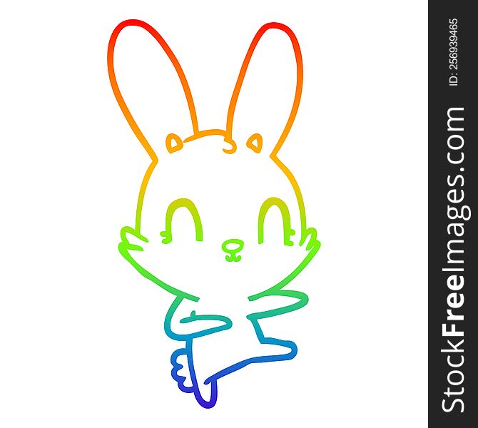 rainbow gradient line drawing of a cute cartoon rabbit dancing