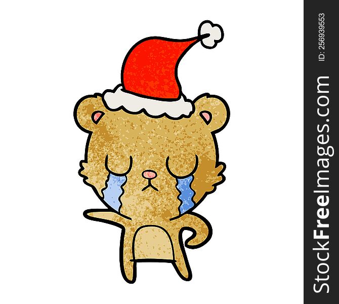 crying hand drawn textured cartoon of a bear wearing santa hat. crying hand drawn textured cartoon of a bear wearing santa hat