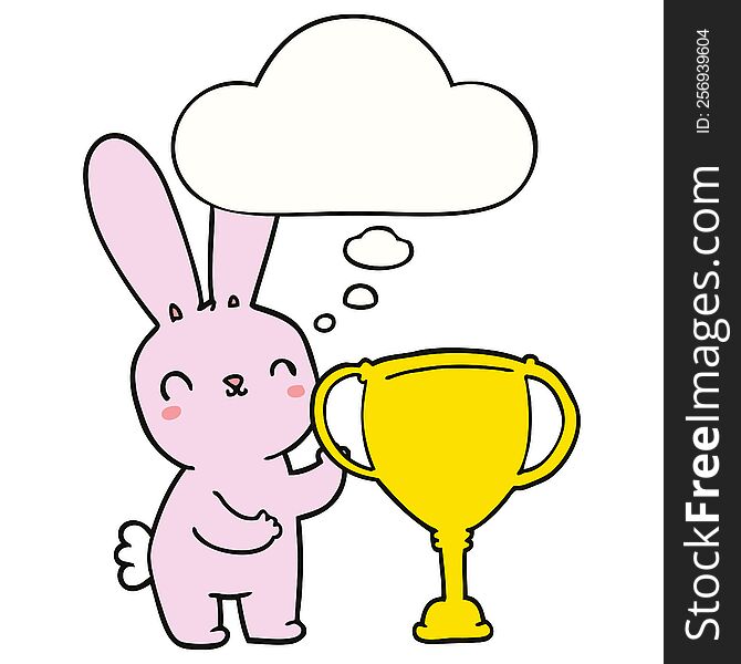 cute cartoon rabbit with sports trophy cup with thought bubble