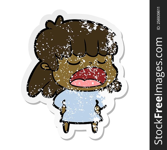 Distressed Sticker Of A Cartoon Woman Talking Loudly