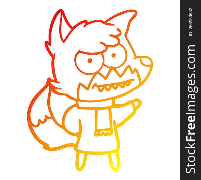 warm gradient line drawing of a cartoon grinning fox in winter clothes
