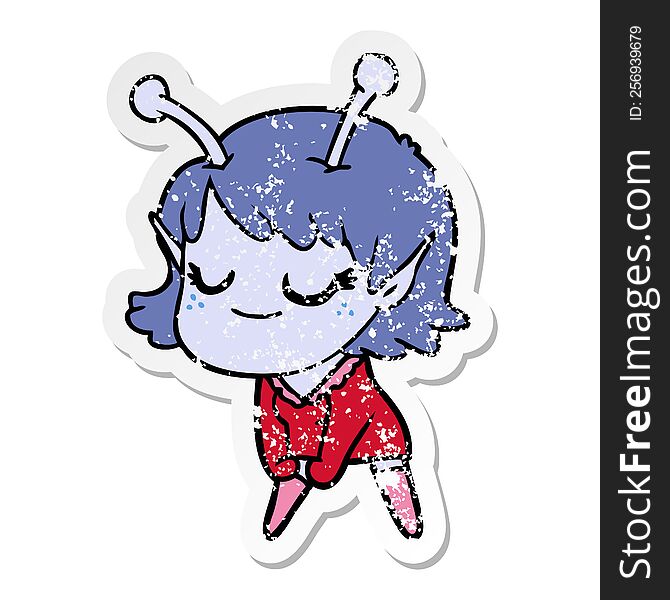 distressed sticker of a smiling alien girl cartoon