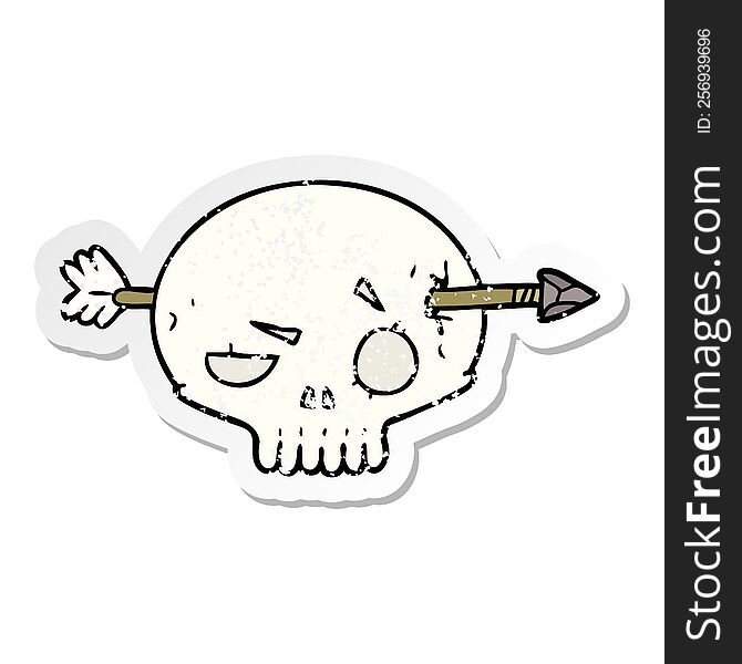 Distressed Sticker Of A Cartoon Skull With Arrow