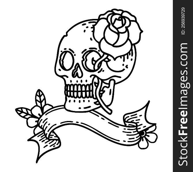 black linework tattoo with banner of a skull and rose