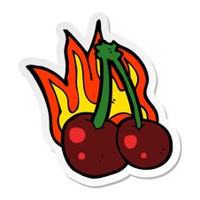 Sticker Of A Cartoon Flaming Cherries Royalty Free Stock Photos