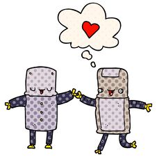 Cartoon Robots In Love And Thought Bubble In Comic Book Style Stock Image