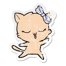 Distressed Sticker Of A Cartoon Dancing Cat With Bow On Head Royalty Free Stock Photography