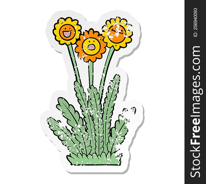 Distressed Sticker Of A Cartoon Happy Flowers