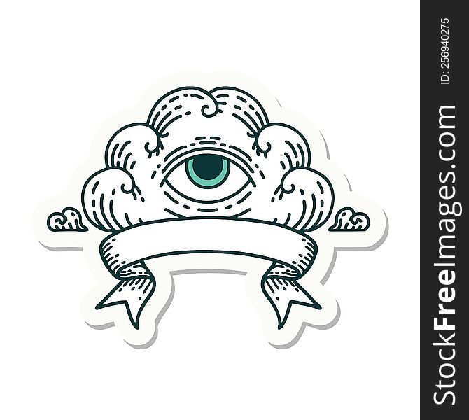 tattoo style sticker with banner of an all seeing eye cloud