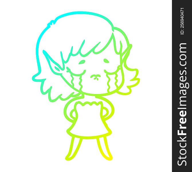cold gradient line drawing of a crying cartoon elf girl