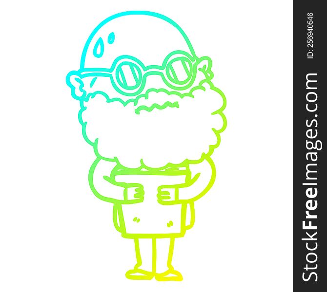 cold gradient line drawing of a cartoon worried man with beard and spectacles