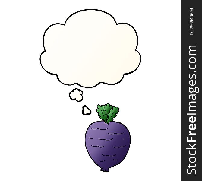 cartoon root vegetable with thought bubble in smooth gradient style