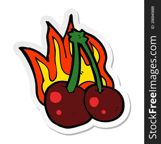 sticker of a cartoon flaming cherries