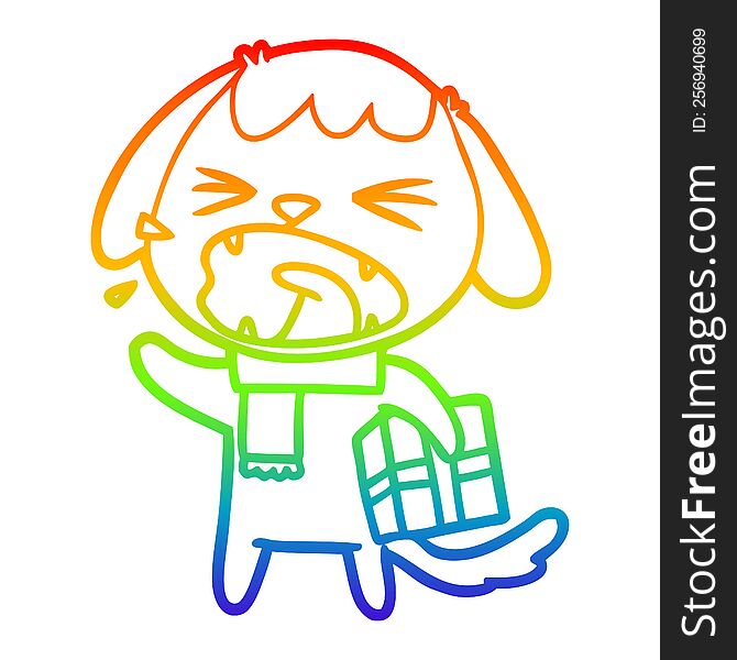 rainbow gradient line drawing of a cute cartoon dog with christmas present