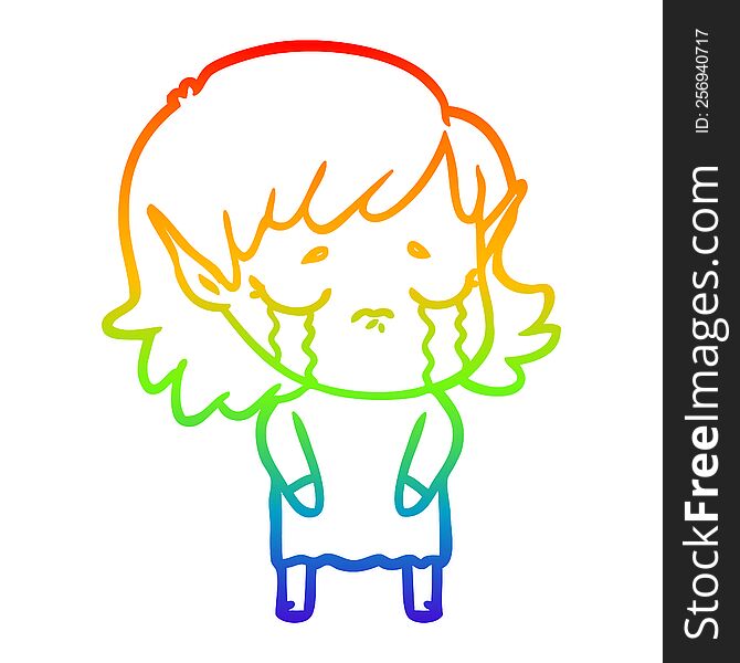 rainbow gradient line drawing of a cartoon crying elf girl