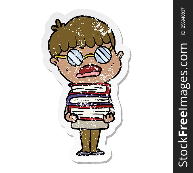 distressed sticker of a cartoon boy with books wearing spectacles