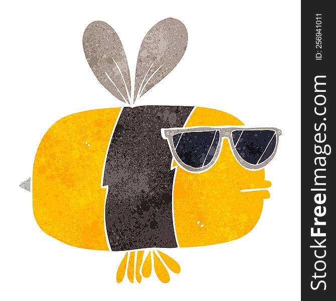freehand retro cartoon bee wearing sunglasses