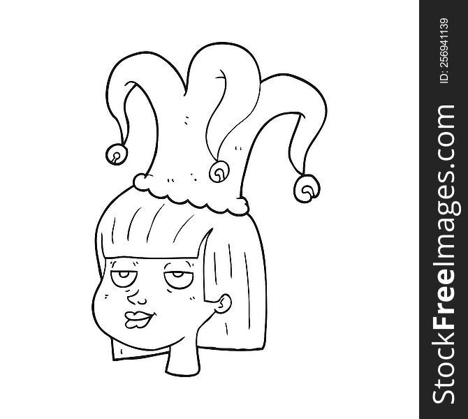 freehand drawn black and white cartoon female face with jester hat. freehand drawn black and white cartoon female face with jester hat