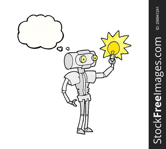 freehand drawn thought bubble textured cartoon robot with light bulb