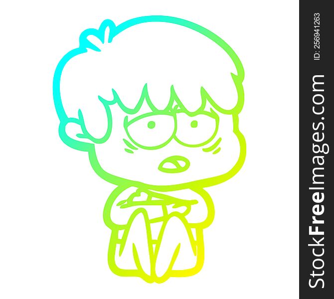 Cold Gradient Line Drawing Cartoon Exhausted Boy